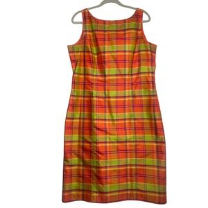 Victoria Holley Womens 14 Silk Plaid Sheath Dress Orange Green Sleeveless Lined